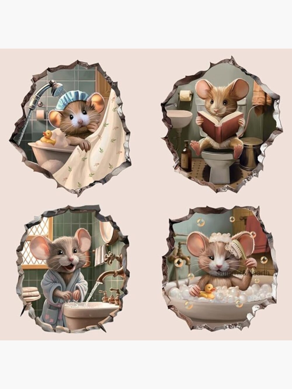 3D Mouse Hole Wall Decals, Waterproof PVC Stickers, 4 Sheets 8.26x11.81in